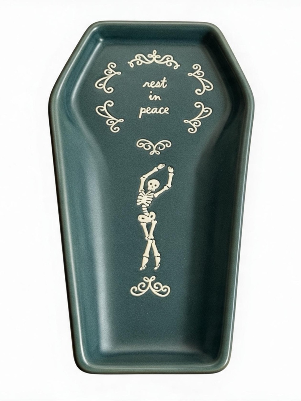 Rae Dunn “Rest in Peace” Dark Teal Skeleton Coffin Halloween Spoon Rest